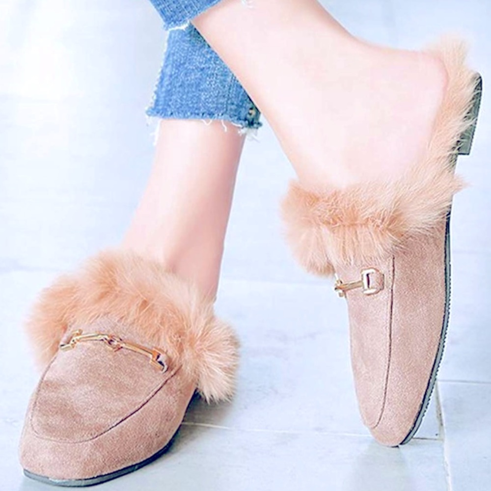 🛑 NO restock🛑Nude/Tan Fur Loafer Flat Mule Slides Size 7 LAST PR‼️